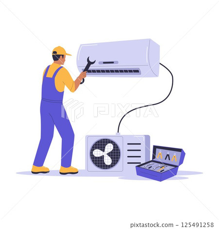 Illustration of a Home Repairman Fixing an Air Conditioner with Toolbox Illustration of a Home Repairman Fixing an Air Conditioner with Toolbox 125491258