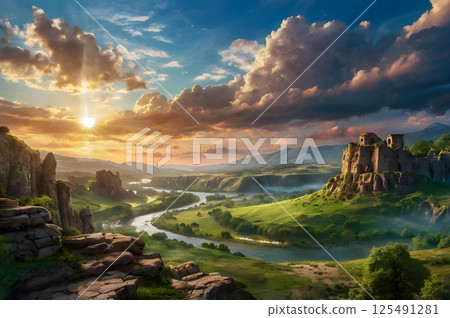 beautiful sunset in mountains 125491281