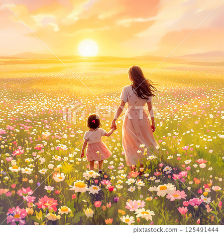 母親節花園母親和女人的溫暖時光燈，母親節卡片 125491444