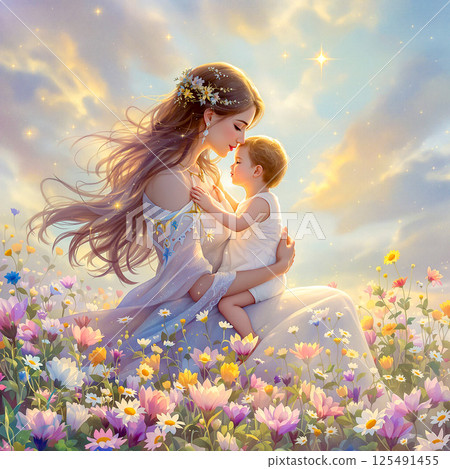 母親節花園母親和女人的溫暖時光燈，母親節卡片 125491455