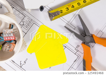 Electrical components for electric installations, construction drawings, work tools 125491468