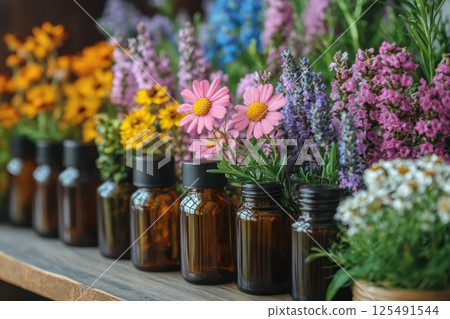 Display of colorful flowers in jars on a rustic wooden shelf at a botanical shop in early spring 125491544