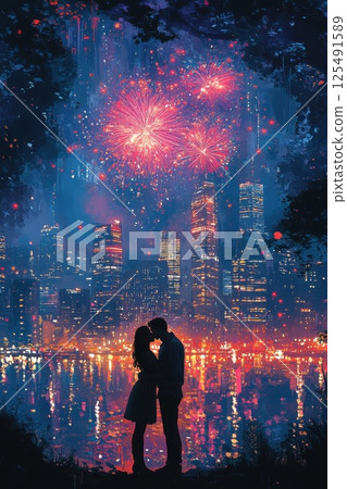 Romantic couple embraces under a stunning fireworks display across a vibrant city skyline at night in an urban setting Romantic couple embraces under a stunning fireworks display across a vibrant city skyline at night in an urban setting 125491589