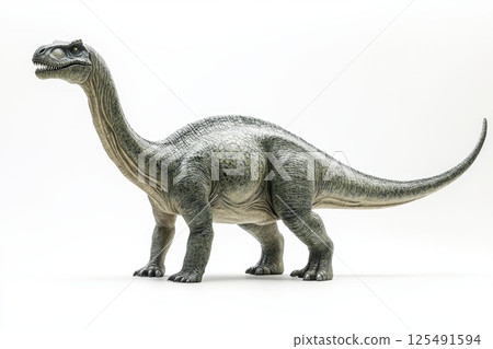 Model of a long-necked dinosaur designed for educational purposes in a museum exhibit showcasing prehistoric life 125491594