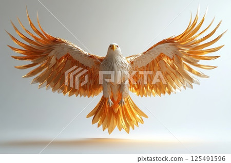 Detailed depiction of an eagle with striking golden feathers soaring gracefully against a simple light background 125491596