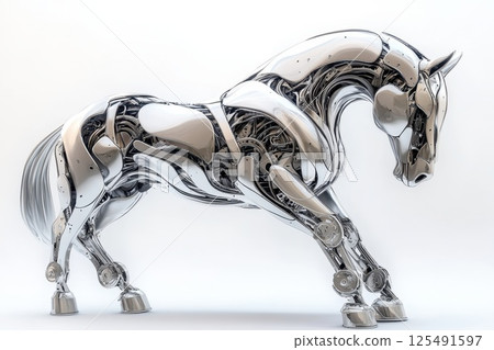 Detailed depiction of a futuristic robotic horse showcasing innovative engineering and design features in a sleek metallic finish Detailed depiction of a futuristic robotic horse showcasing innovative engineering and design features in a sleek metallic finish 125491597