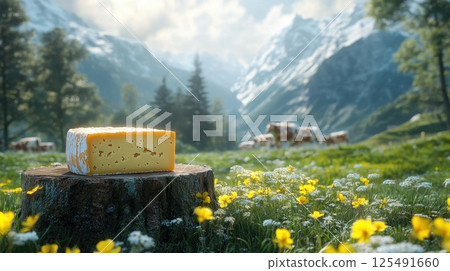 Delicious cheese resting on a tree stump in a lush mountain meadow with grazing cows in the background under a cloudy sky 125491660
