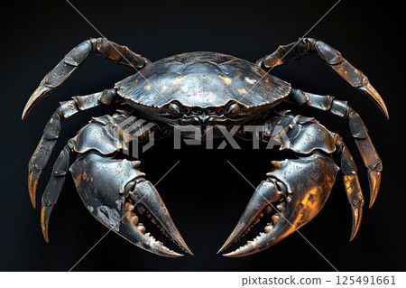 Intricate metallic crab sculpture showcasing detailed craftsmanship and artistic design elements in a dark setting 125491661