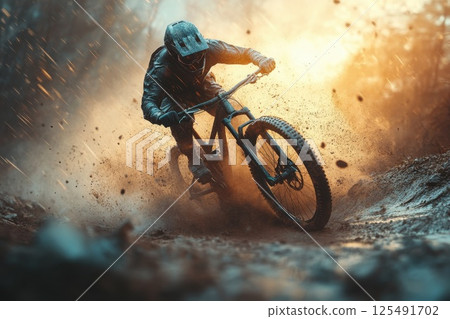Mountain biker navigating a dirt trail in a forest during sunset, creating a dramatic dust cloud 125491702