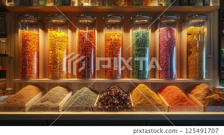 Colorful display of dry pasta and spices in jars and containers at a market during early evening hours 125491707