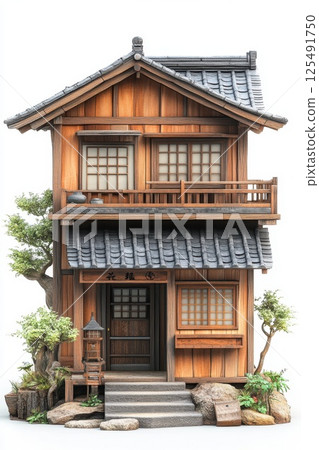 Contemporary wooden house with traditional design surrounded by rocks and greenery in a serene outdoor setting during daylight hours 125491750