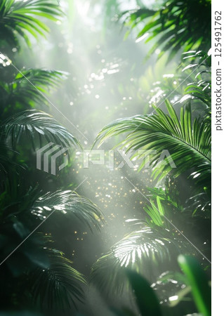 Lush tropical forest with radiant sunlight filtering through dense foliage early in the morning 125491762