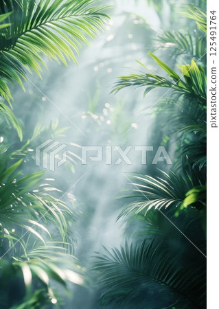 Lush green foliage with sunlight filtering through the jungle canopy creating a serene atmosphere in a tropical rainforest setting 125491764