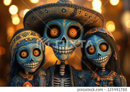Celebration of life and death during Dia de los Muertos with beautifully painted skull faces and colorful attire at a vibrant festival 125491788