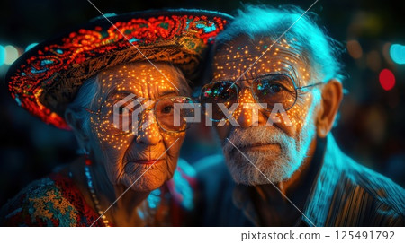 Elderly couple adorned with festive lights celebrating cultural traditions at a vibrant evening festival in a lively town square during a summer night Elderly couple adorned with festive lights celebrating cultural traditions at a vibrant evening festival in a lively town square during a summer night 125491792