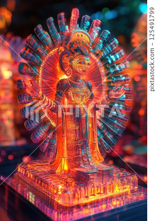 Intricate glowing sculpture of a deity displayed during a cultural festival at a vibrant outdoor market in the evening hours 125491799