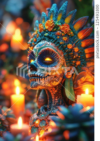 Colorful sugar skull surrounded by candles and vibrant decorations during a cultural celebration night in a festive setting Colorful sugar skull surrounded by candles and vibrant decorations during a cultural celebration night in a festive setting 125491800