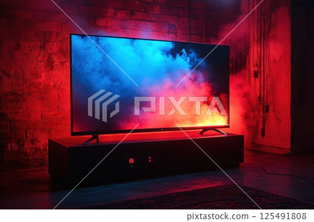 Vibrant display of colors illuminating a modern television in a stylish interior setting at night 125491808
