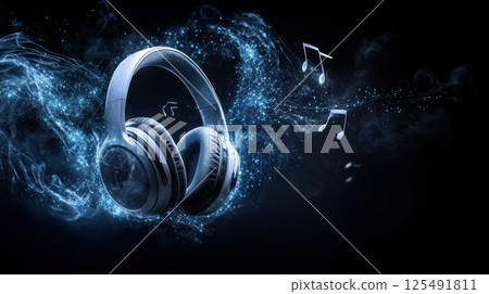 Experience the rhythm of sound with headphones surrounded by musical notes in a captivating blue and black visual 125491811