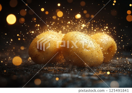 Potatoes covered in sparkling dust against a dark background create an enchanting visual effect with soft golden lights capturing attention in a creative food composition 125491841