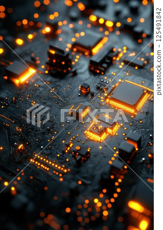 Detailed view of a glowing computer circuit board with intricate patterns and lights illuminating various components at night 125491842