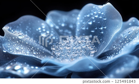 Delicate blue flower with water droplets in close-up view showcasing intricate details and textures under soft light 125491843