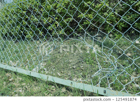 Photo of a mesh fence with a large hole Photo of a mesh fence with a large hole 125491874