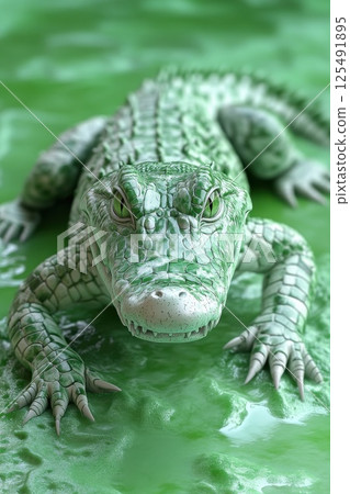 Lifelike green crocodile resting on vibrant green surface in a natural habitat under soft sunlight 125491895