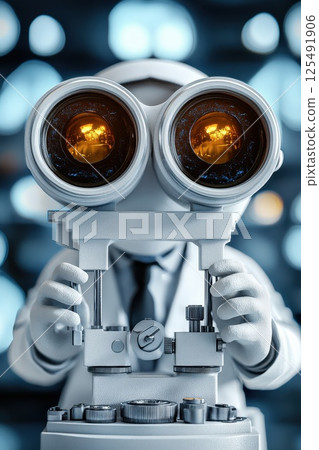 Scientist using advanced optical equipment to observe samples in a high-tech laboratory setting during the day Scientist using advanced optical equipment to observe samples in a high-tech laboratory setting during the day 125491906