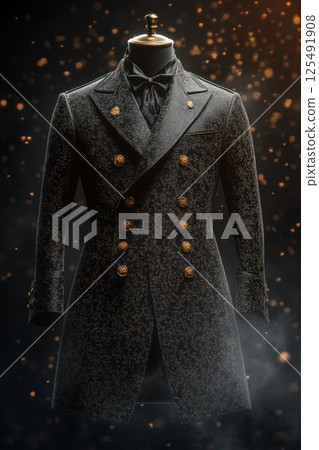 Elegant black coat displayed on a mannequin, showcasing intricate detailing and vintage style, emphasized by a subtle glowing background, capturing a sense of sophistication and classic fashion 125491908