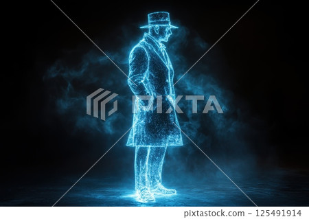 Mesmerizing projection of a vintage gentleman in a top hat standing confidently in a mysterious, illuminated space surrounded by ethereal light patterns 125491914