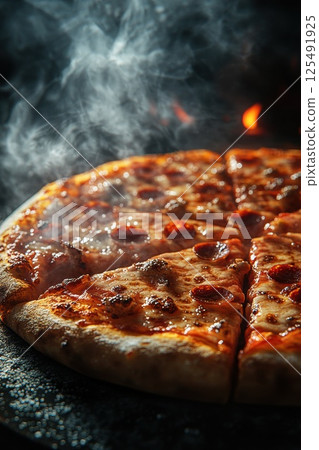 Delicious pepperoni pizza being freshly baked in a wood-fired oven with smoke rising and an inviting golden crust 125491925