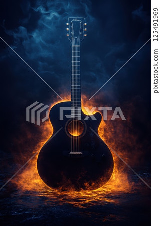 Stunning electric guitar surrounded by vibrant flames and smoke creating a captivating visual effect at nighttime 125491969