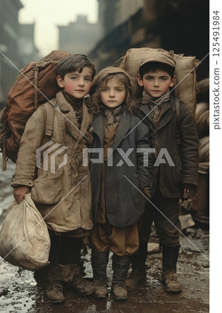 Children carrying heavy bags stand together in a muddy street, showcasing resilience and camaraderie in a historic urban setting during the early 20th century 125491984