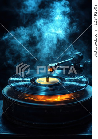 Vintage vinyl record spinning on turntable surrounded by swirling smoke in a dimly lit room creating a nostalgic ambiance and rich sound experience Vintage vinyl record spinning on turntable surrounded by swirling smoke in a dimly lit room creating a nostalgic ambiance and rich sound experience 125492008