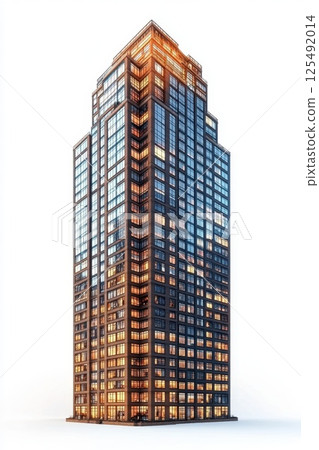 Modern skyscraper at dusk showcasing vibrant lights in a bustling metropolitan area with a clear sky reflecting urban architecture 125492014