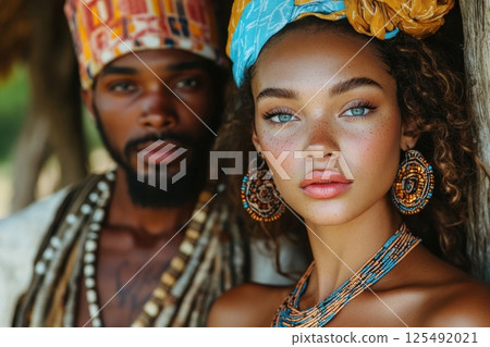 Cultural celebration featuring a man and woman wearing traditional attire with intricate accessories at an outdoor location during sunlight in a tropical setting 125492021