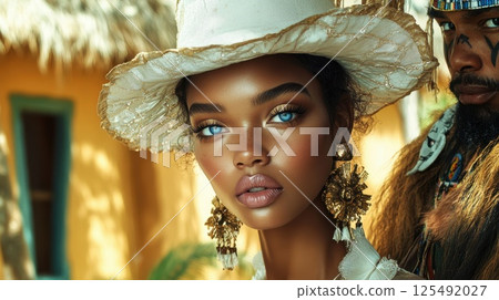 Captivating portrait of a model with striking blue eyes wearing a stylish hat and ornate earrings against a vibrant tropical backdrop Captivating portrait of a model with striking blue eyes wearing a stylish hat and ornate earrings against a vibrant tropical backdrop 125492027