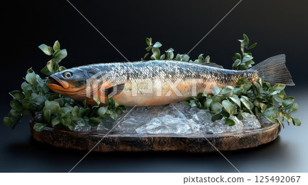 Grilled fish plated with fresh herbs and lemon presents an inviting culinary experience perfect for dinner gatherings in a rustic setting 125492067