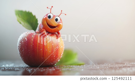 Cute cartoon caterpillar perched on a shiny red apple with droplets of water in a bright, light background, evoking a fresh and cheerful atmosphere 125492111