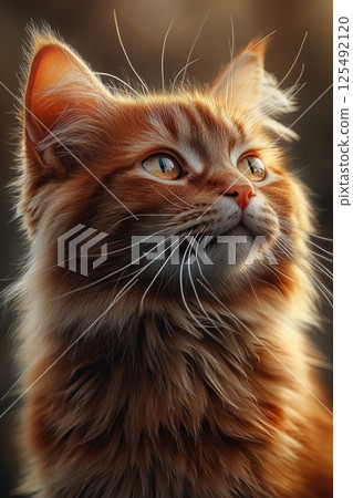 Majestic cat with golden eyes surrounded by snowflakes in a winter landscape illuminated by warm sunlight 125492120