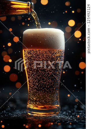 Golden beer being poured into a frosty glass with vibrant bubbles against a soft bokeh background during a festive gathering 125492124