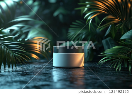 Softly glowing container surrounded by lush tropical greenery in a serene setting capturing an atmosphere of tranquility and calmness at dusk 125492135