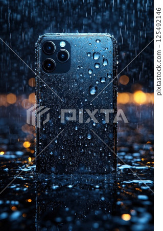Phone covered in water droplets in a rain-soaked urban setting highlighting stormy weather and vibrant bokeh lights at night 125492146