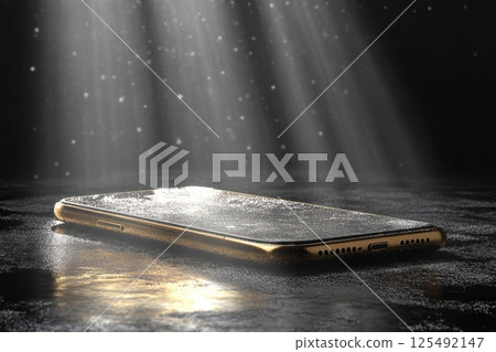 High-end smartphone lying on a reflective surface with dramatic lighting and water droplets in a dark setting during the evening 125492147