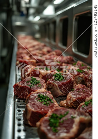 Freshly prepared ribeye steaks seasoned with herbs on a restaurant kitchen counter during evening meal preparation 125492149