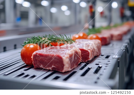 Fresh cuts of meat and ripe tomatoes arranged on the conveyor belt in a modern processing facility during daylight hours 125492150