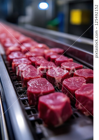 Freshly cut beef steaks arranged on a butcher's counter ready for preparation and cooking in a local meat shop during daytime hours 125492152