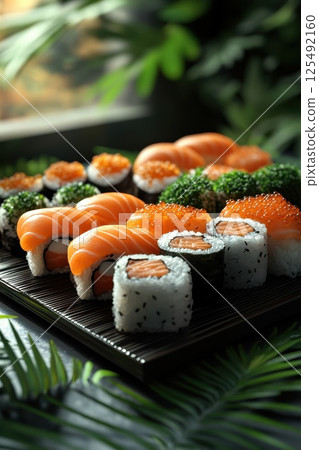 Beautifully arranged sushi platter featuring vibrant colors and fresh ingredients on a wooden serving tray in a lush green setting 125492160