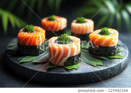 Sushi rolls plated elegantly on a dark stone surface, garnished with fresh green herbs and surrounded by decorative leaves 125492184